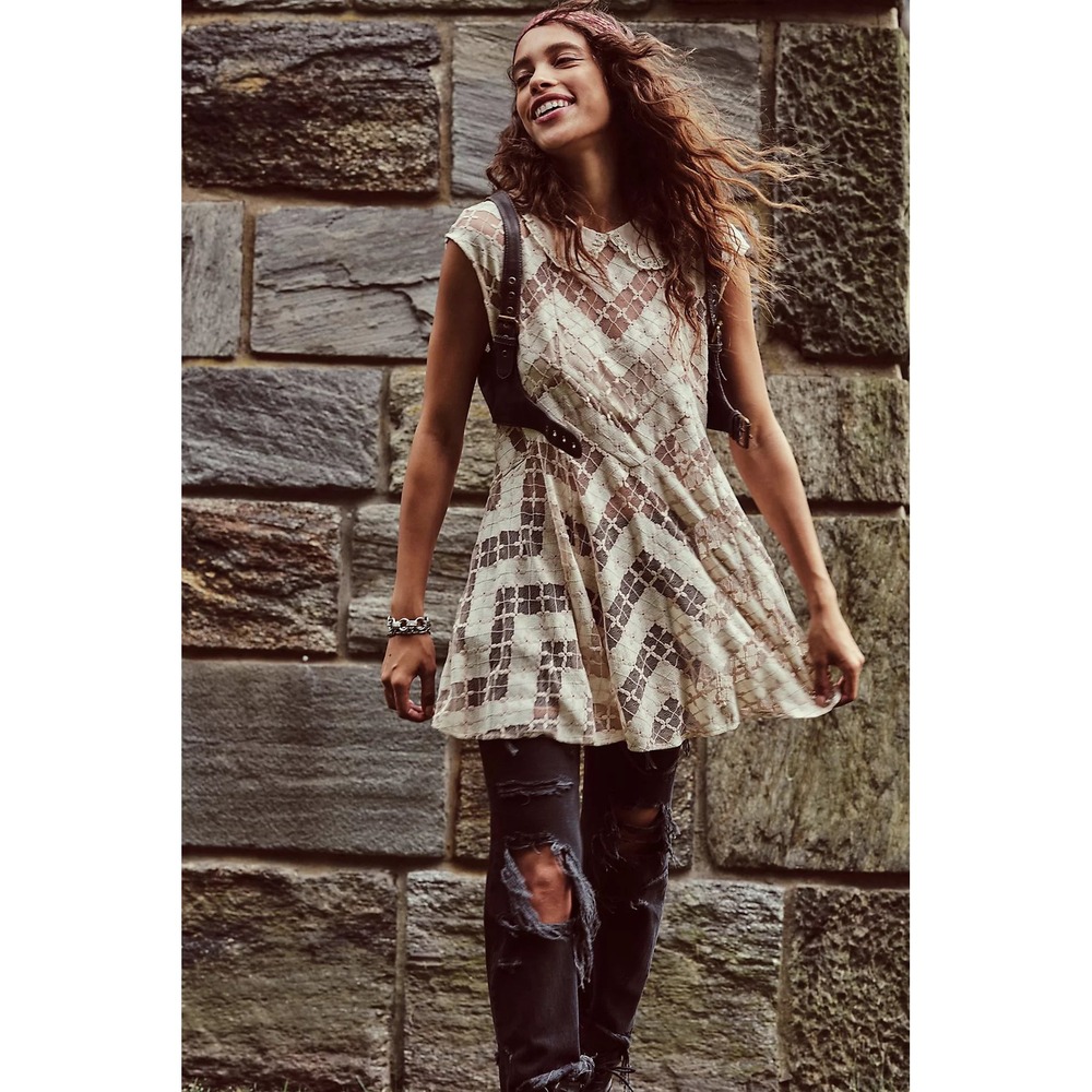 FP Intimately Sheer Lace Tunic Peter Pan Collar Boho Chic Twee Indie Womens XL